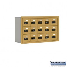 Salsbury Cell Phone Storage Locker - 3 Door High Unit (5 Inch Deep Compartments) - 15 A Doors - Gold - Recessed Mounted - Resettable Combination Locks  19035-15GRC