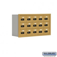 Salsbury Cell Phone Storage Locker - 3 Door High Unit (8 Inch Deep Compartments) - 15 A Doors - Gold - Recessed Mounted - Resettable Combination Locks  19038-15GRC