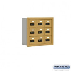 Salsbury Cell Phone Storage Locker - 3 Door High Unit (5 Inch Deep Compartments) - 9 A Doors - Gold - Recessed Mounted - Resettable Combination Locks  19035-09GRC